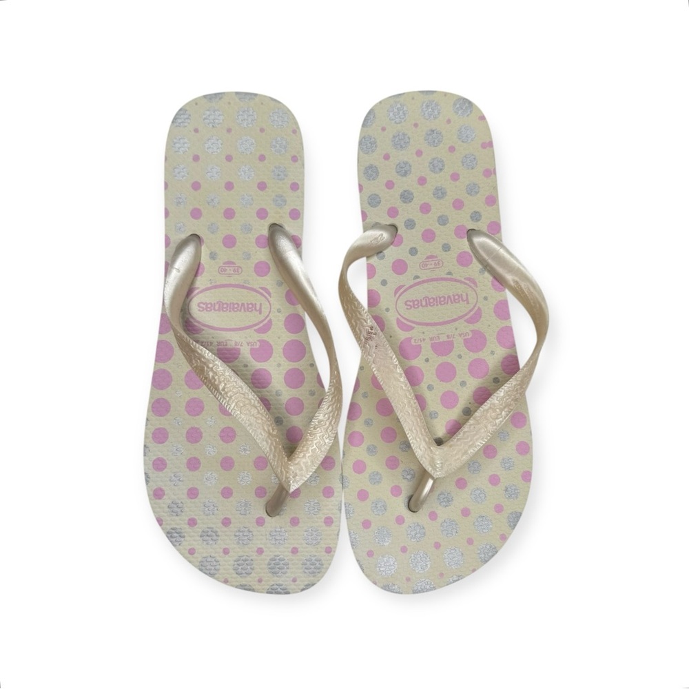 new Top Havaianas 𖦹 Polka Dot Flip Flops 𖦹 White Pink Silver 𖦹 41 / 42  9 / 10 - Picture 11 of 16